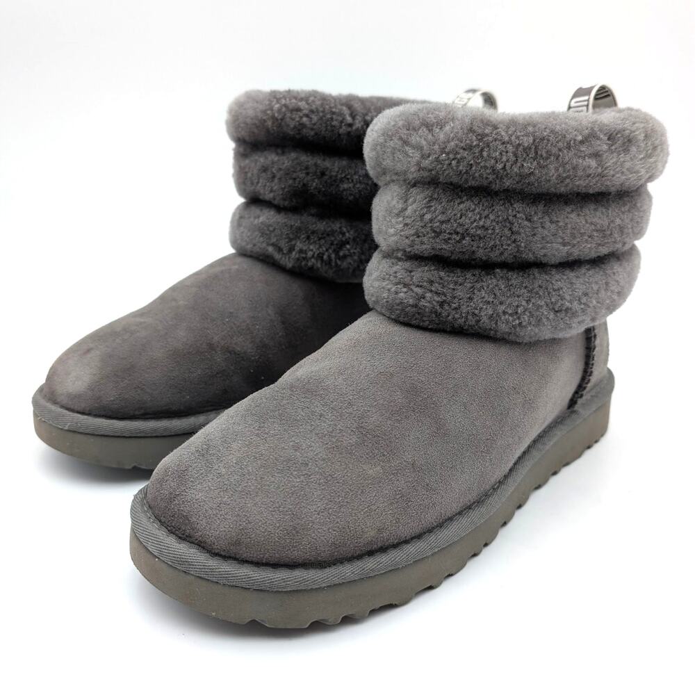 UGG Fluff Mini Quilted Ankle Boots Round Toe Women's Charcoal Size US8 EU39